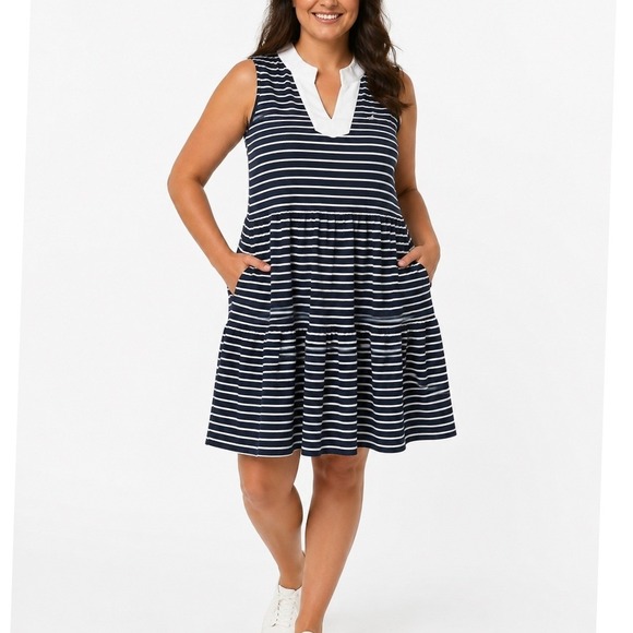 Nautica Jeans Dresses & Skirts - Nautica Jeans Polo Dress XL Navy White Striped Sleeveless Tiered 1844377